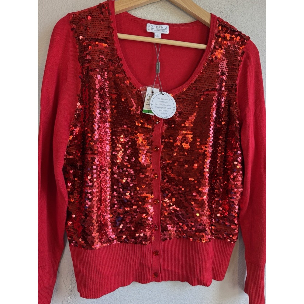 NWT Joseph A Women's L Red Knit Sequin Button Front Cardigan Sweater Round Neck